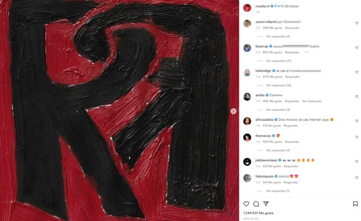 Post de Instagram en el que Rosalía anuncia su colaboración con Rauw Alejandro 