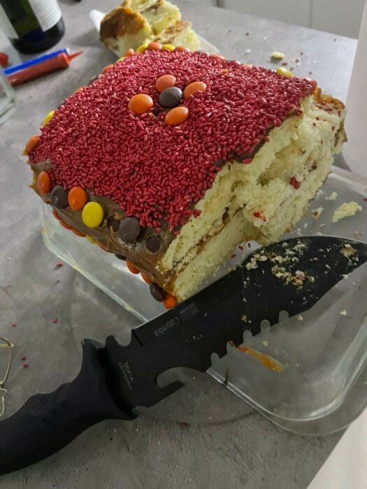 imagen de un pastel con cubierta de grajeas rojas con lunetas y un cuchillo al lado 