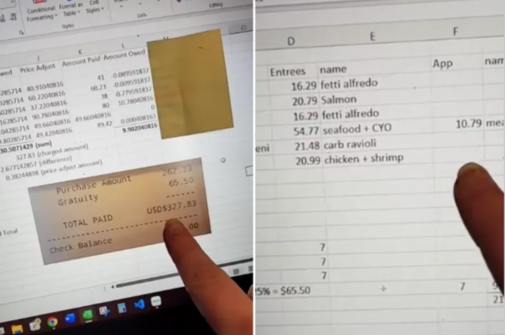 dos imágenes de una pantalla de computadora puesta en un Excel aparece el dedo de una chica señalando cantidades