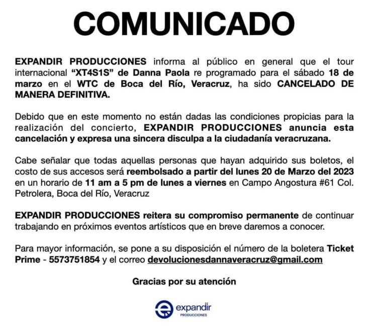fotografía de un comunicado sobre el concierto de Danna Paola cancelado en Veracruz 