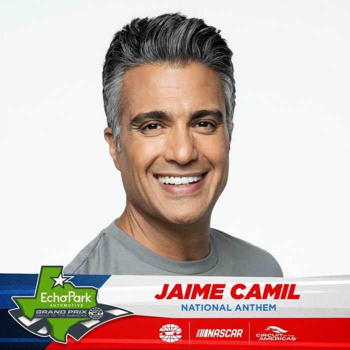 Image of Jaime Camil prior to the intonation of the anthem in a NASCAR race 