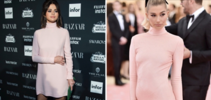 Hailey Bieber y Selena Gómez con el mismo vestido rosa