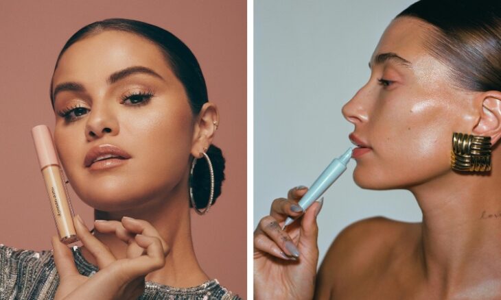 Hailey Bieber y Selena Gómez promocionando sus marcas de cosméticos