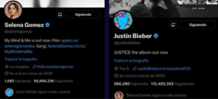 captura de pantalla de las cuentas de Selena Gómez y Justin Bieber