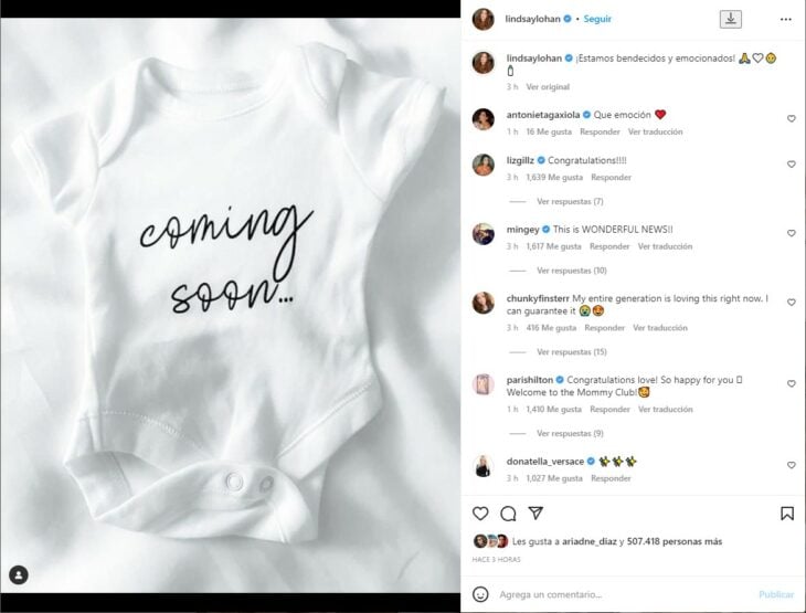 captura de pantalla en la que Lindsay Lohan anunció su embarazo 