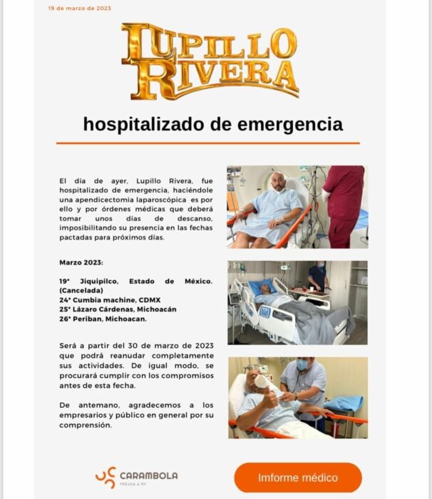 comunicado de Lupillo Rivera que fue hospitalizado y operado de emergencia 