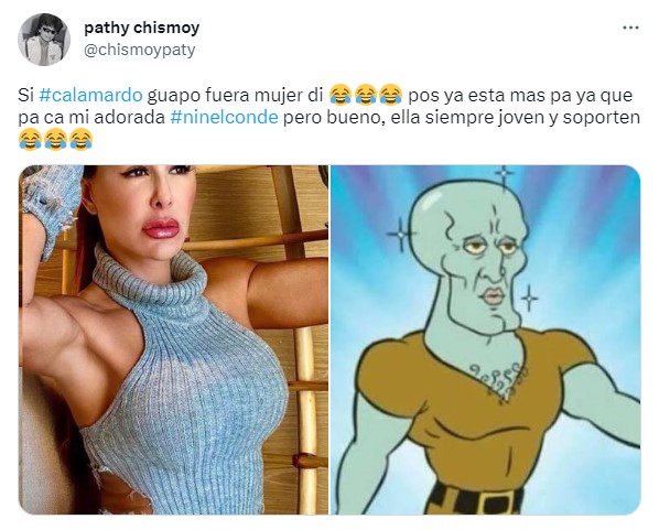 imagen de un meme de Ninel Conde comparada con calamardo guapo 