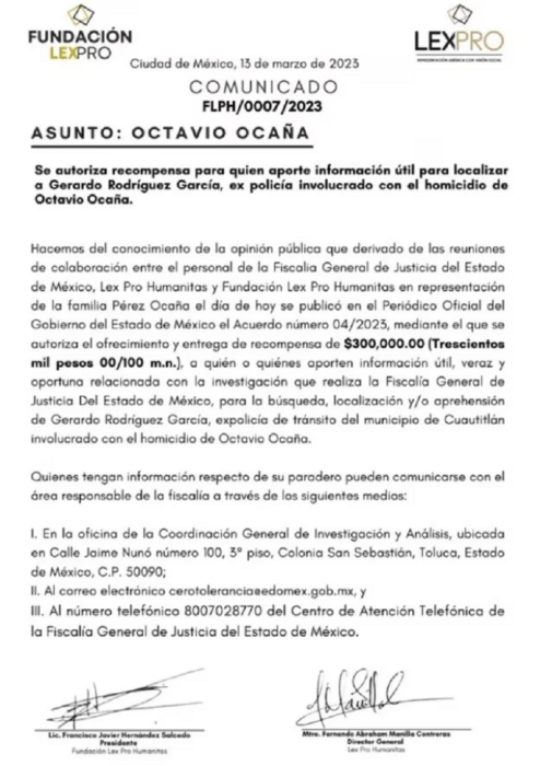 Comunicado de la fundación LexPro donde ofrece una recompensa por información que lleve a la captura del expolicía que estuvo involucrado en la muerte de Octavio Ocaña