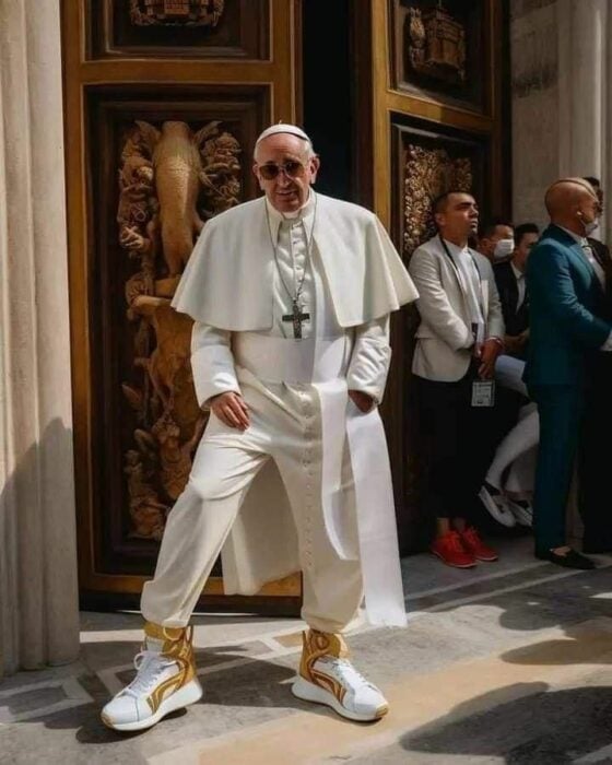 dad wearing a white tunic with white and gold nike sneakers