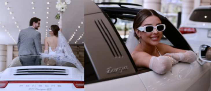 dos imágenes juntas, en una aparece Paulina Goto y su ahora esposo Rodrigo Saval montados en un porsche blanco y en la otra la actriz se asoma desde una limusina blanca vestida de novia