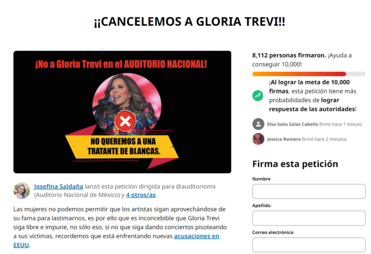 imagen tomada de la página change.org donde se pide la cancelación de Gloria Trevi
