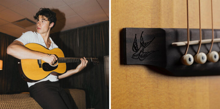 imagen doble que muestra a Shawn Mendes con una de su firma de guitarras de MartinGuitar