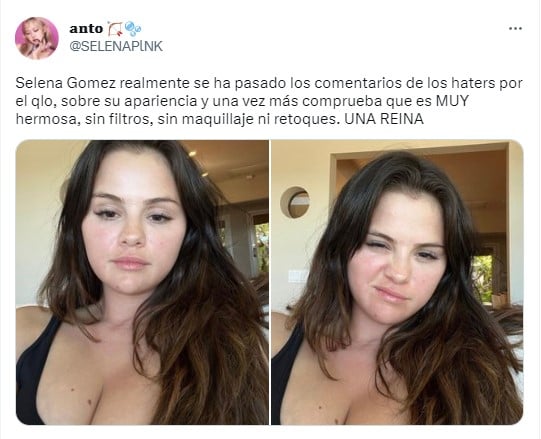 Twitter post with photos of Selena Gomez without makeup 