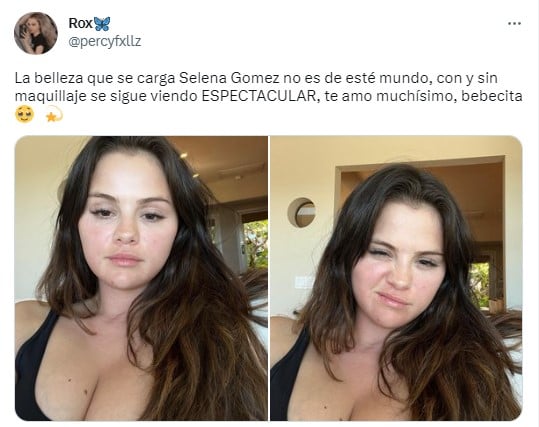 captura de pantalla de una opinión en Twitter sobre Selena Gomez sin maquillaje 