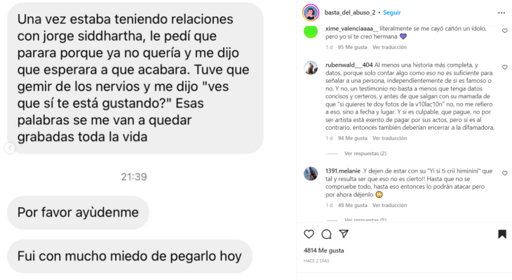 captura de pantalla de Instagram donde acusan a Siddhartha de abuso sexual