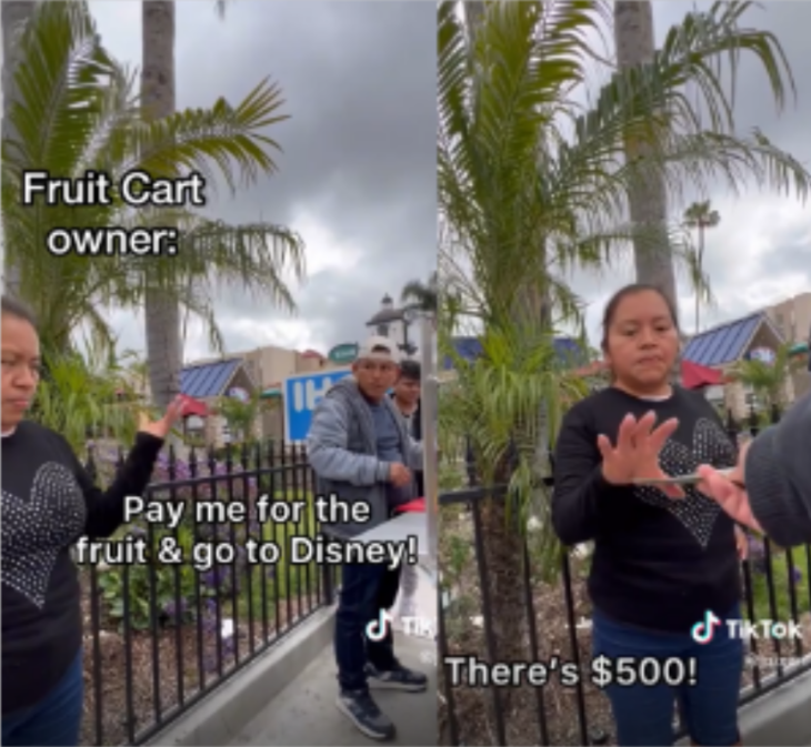 dos imágenes en una se ve a una mujer junto a unos vendedores de fruta ambulantes y en la otra la misma mujer recibiendo un pago en dólares
