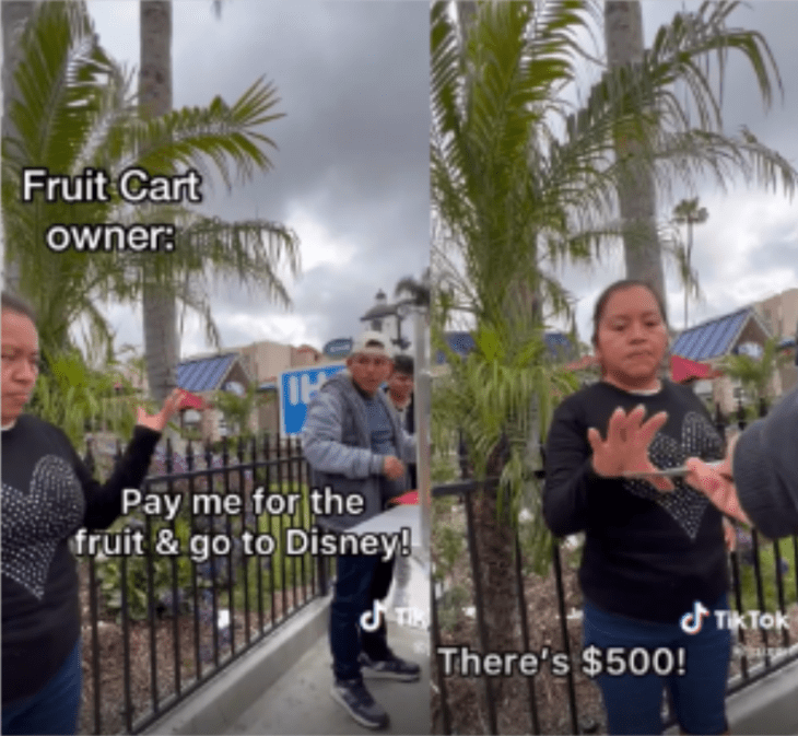 two images in one a woman is seen next to some street fruit vendors and in the other the same woman receiving a payment in dollars