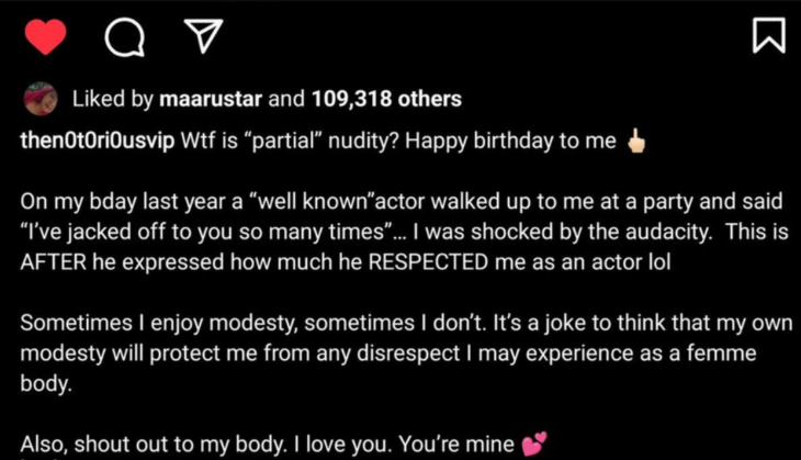 captura de pantalla del Instagram de Victoria Pedretti donde habla de que fue acosada