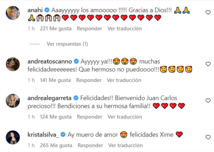 Instagram comments where celebrities send congratulations to Ximena Navarrete and Juan Carlos Valladares for the arrival of their second child