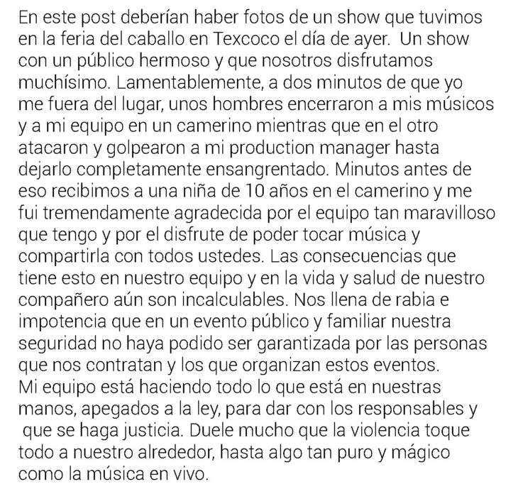 comunicado de Ximena Sariñana sobre la agresión recibida en Texcoco