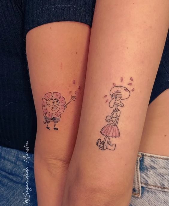 tatuaje de mejores amigos bob esponja y calamardo