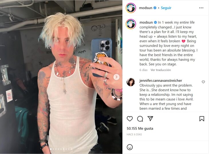 Publicación de Mod Sun en Instagram tras su ruptura con Avril Lavigne