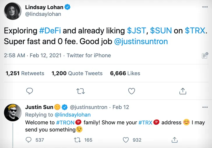 tuit de Lindsay Lohan promocionando criptomonedas