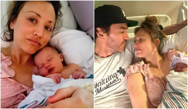 Kaley Cuoco cargando a su bebé Matilda después de dar a luz y Tom Pelphrey recostado con ellas en la cama de hospital