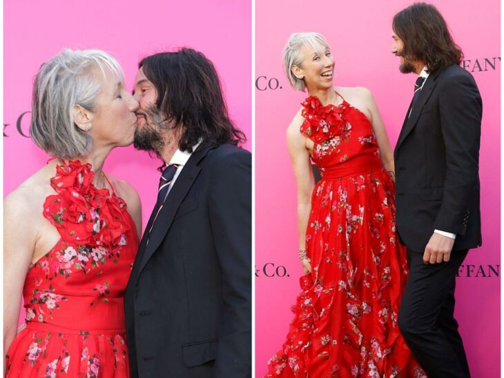 Keanu Reeves y su novia Alexandra Grant en la alfombra roja de Gala del Museo de Arte Contemporáneo de Los Ángeles 2023 dándose un beso