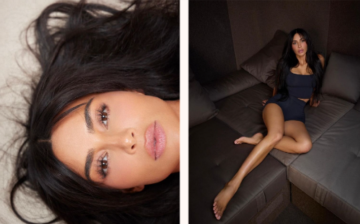 dos imágenes de Kim Kardashian una de su rostro y en la otra está recostada en un sofá gris con un traje de ciclista también gris