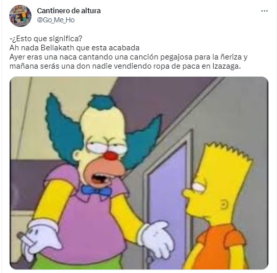 Meme del payaso Krusty con Bart Simpson sobre el tema de Bellakath cancelando su concierto 