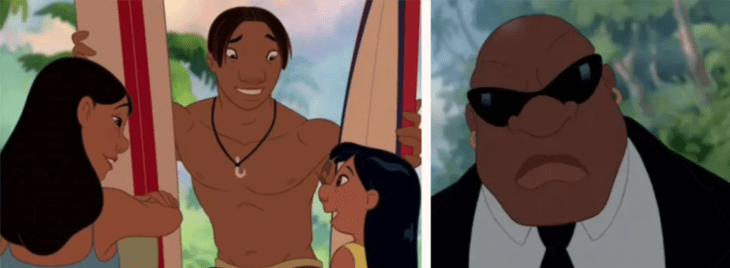 dos imágenes de la película animada de Disney Lilo y Stich donde aparecen David con Lilo y Nani en la playa y en la segunda imagen está el personaje de Bubbles