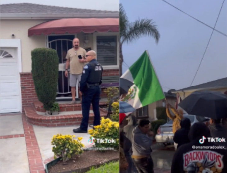 dos imágenes en la primera aparece un hombre afuera de su casa cerca de él está un policía en la segunda un grupo de personas protestan en la calle con una bandera mexicana