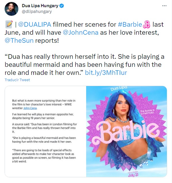 captura de la publicación de Dua Lipa como sirena en película de barbie