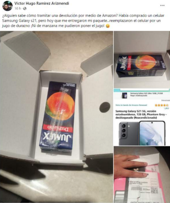 captura de pantalla de Facebook donde aparece un jugo Jumex un celular Samsung y una nota de compra de Amazon 