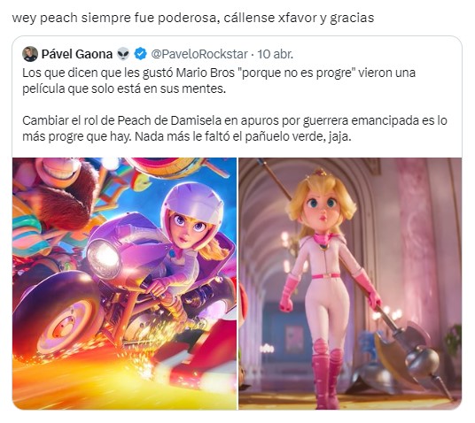 captura de pantalla de un tuit hablando sobre la Peach Poderosa en la película de Mario Bros 