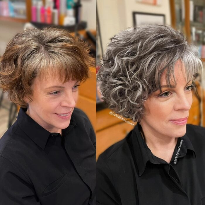 imagen de una mujer antes y después de un cambio de look platinado 