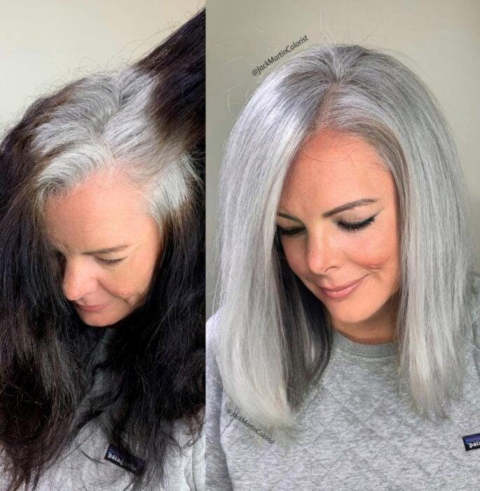 imagen del cabello de una mujer antes y después de pintarlo plateado 