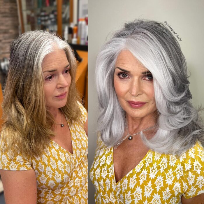 imagen de una mujer antes y después de su cabello platinado 