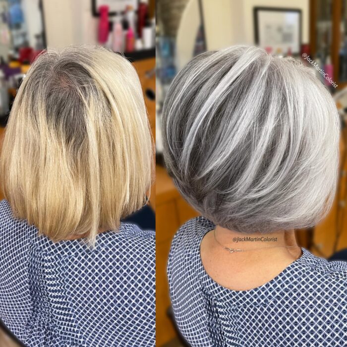 cabeza de una mujer mostrando su cabello antes y después de un look platinado 