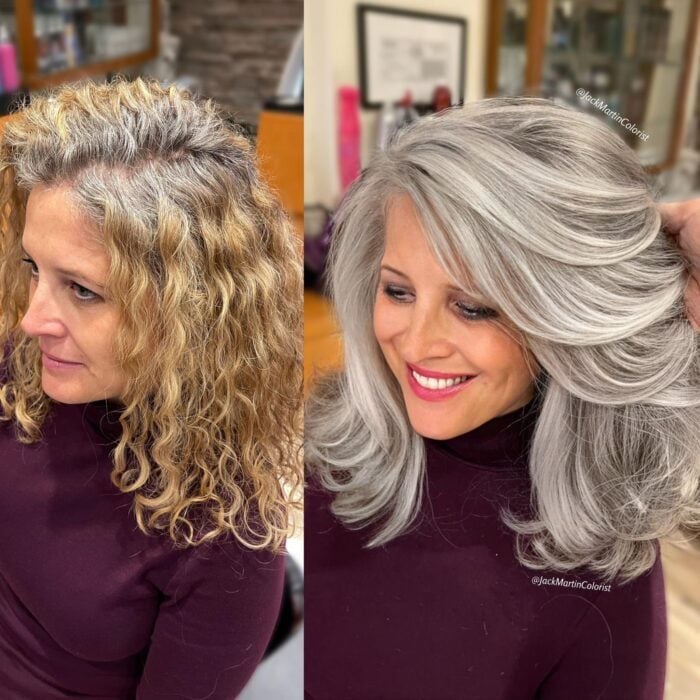 fotografía de una mujer antes y después de un look platinado 