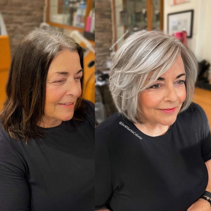 imagen de una mujer antes y después de un look platinumado 