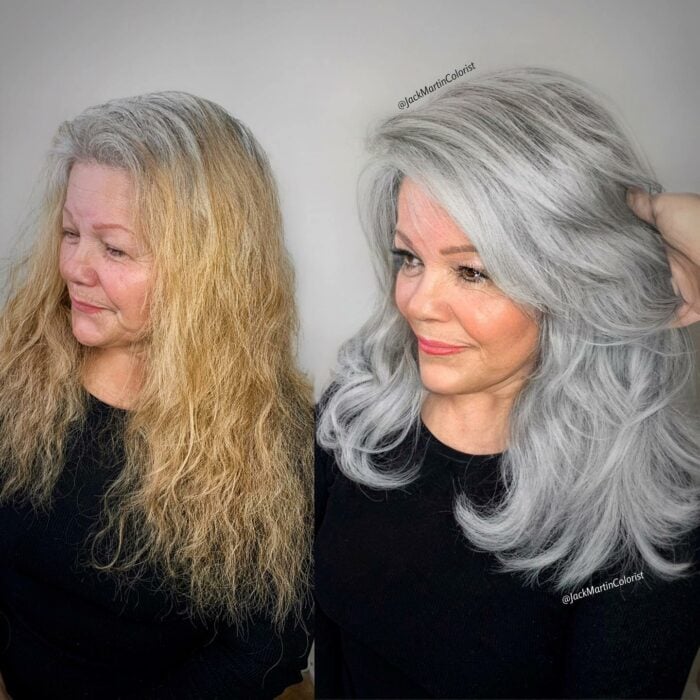 imagen que muestra el antes y después de una mujer que se platinó el cabello 