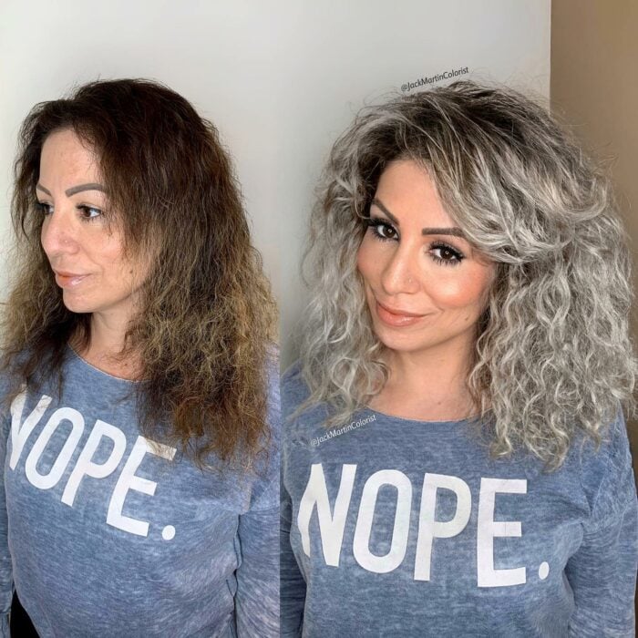 imagen de una mujer antes y después de pintar su cabello gris 