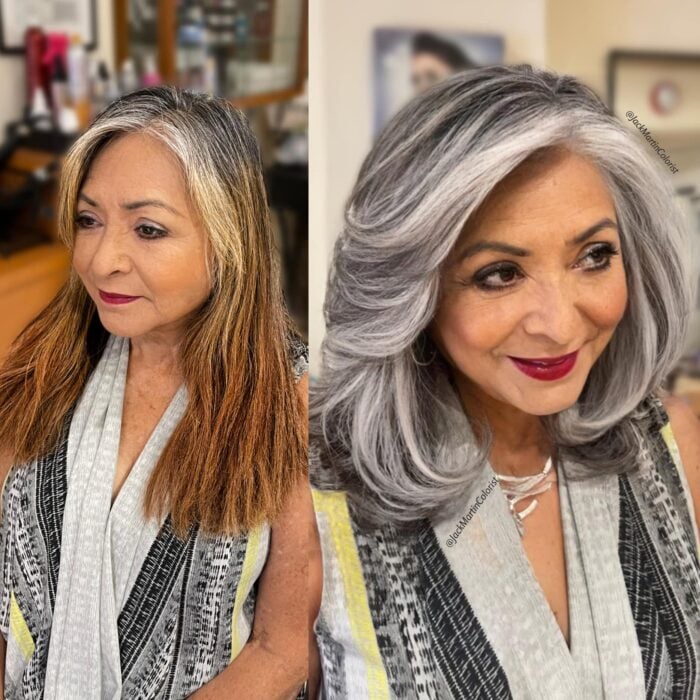 fotografía comparativa del antes y después del cabello platinado de una mujer 