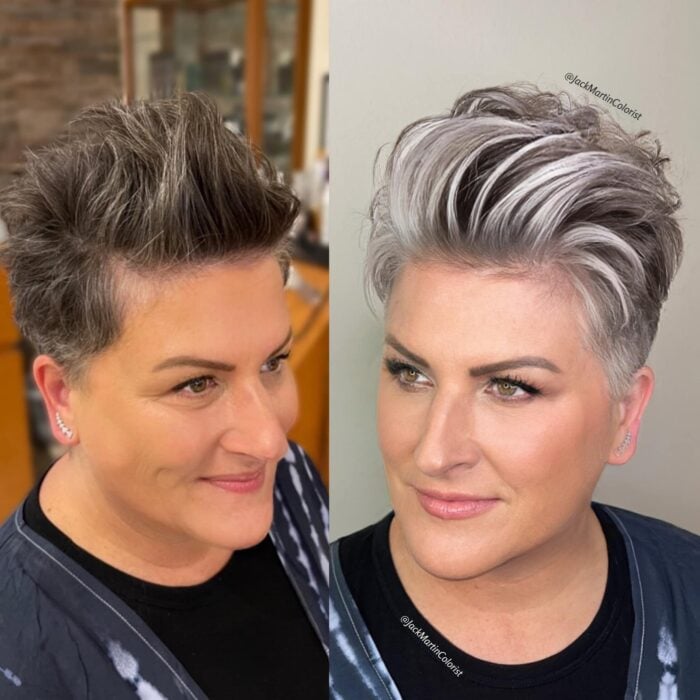 fotografía de una mujer con el cabello corto antes y después de un look platinado 