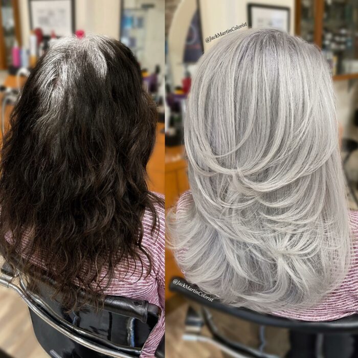 cabello de una mujer antes y después de un look platinumado 