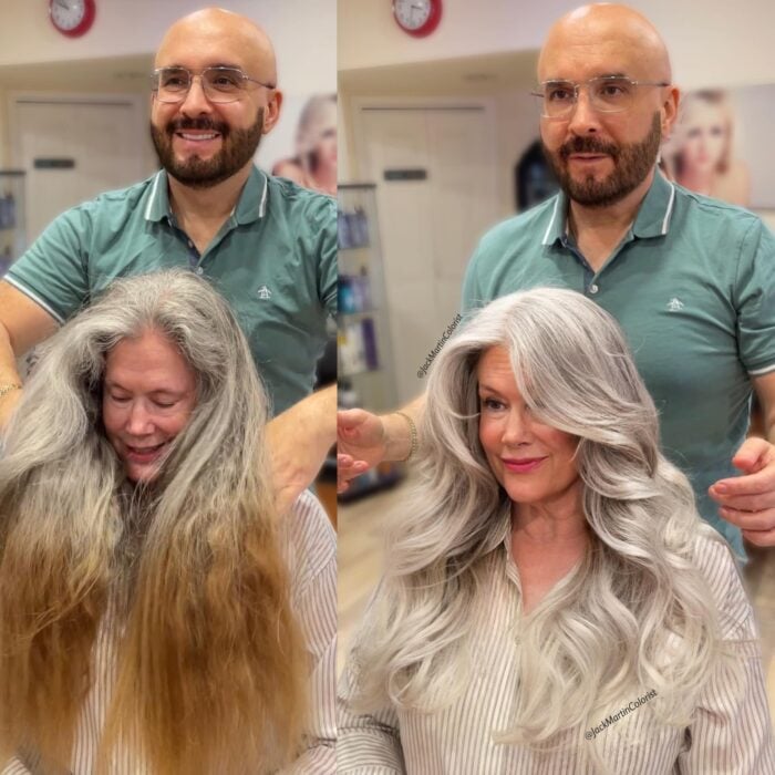 imagen de un estilista cambiando el look de una mujer con cabello canoso 