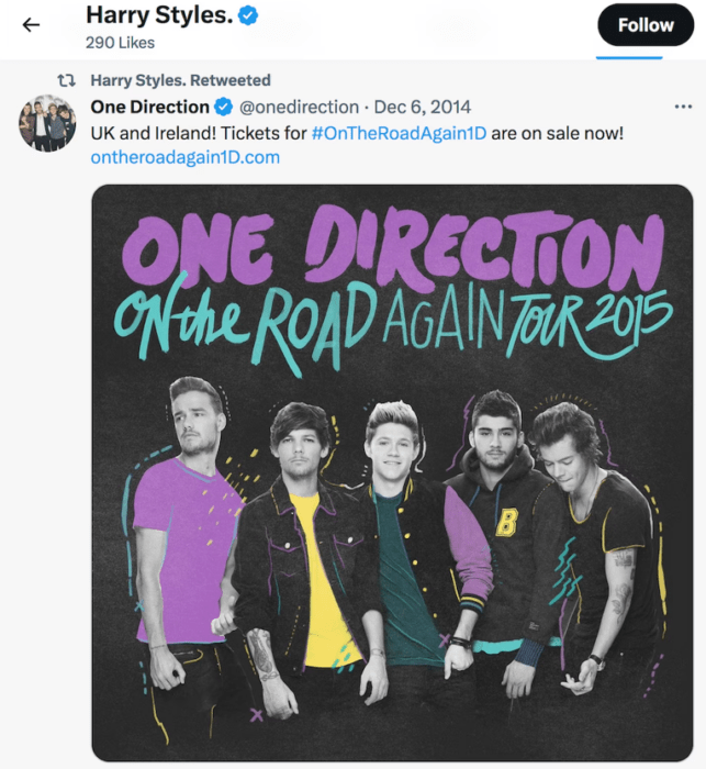 captura de pantalla del Twitter de Harry Styles donde le da me gusta a un poster promocional de One Direction