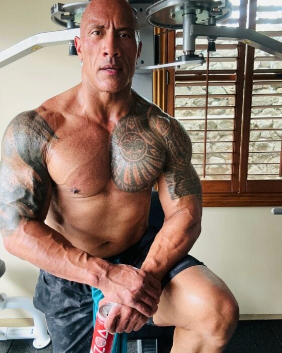 Dwayne Johnson la roca sin camisa recargado en un aparato para hacer ejercicio 